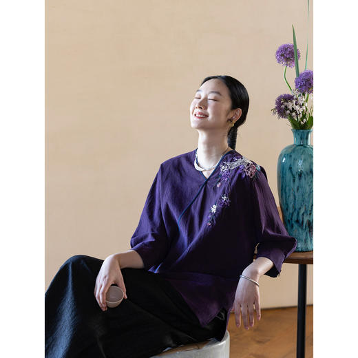 牧衣游原创 22姆米重磅手工刺绣龟裂纹香云纱小衫禅意复古 云然 商品图1