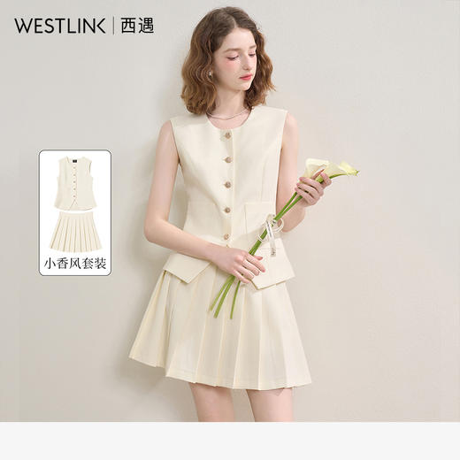 西遇小香风连衣裙套装女秋季无袖西装马甲搭百褶裙两件套V2551109 商品图0