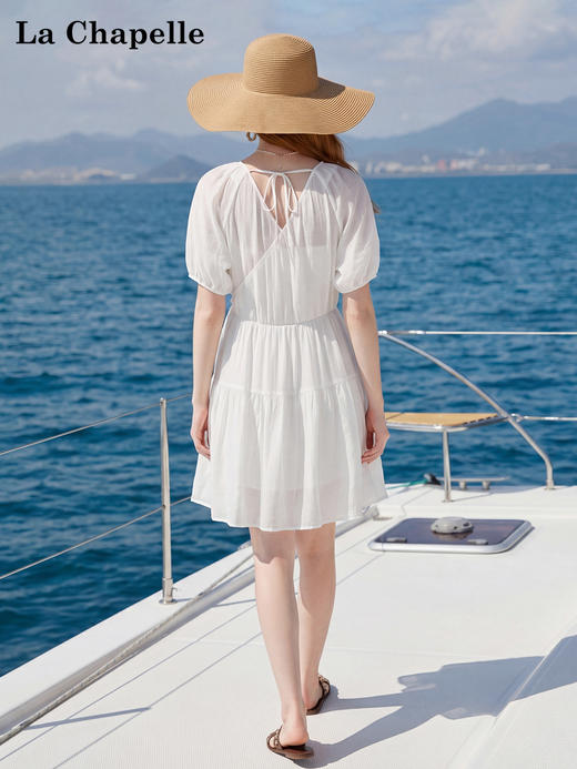 天猫同步【莱赛尔天丝！】拉夏贝尔/La Chapelle气质交叉领泡泡袖连衣裙夏季新款收腰宽松显瘦 商品图4