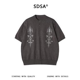 SDSA男装2026新款轻奢亨利领民族风刺绣针织短袖新中式通勤上衣