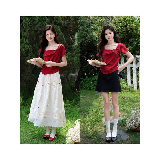 鹿向南【0417/20:00新品前1小时7折限量100件】设计感红色T恤女 商品图4