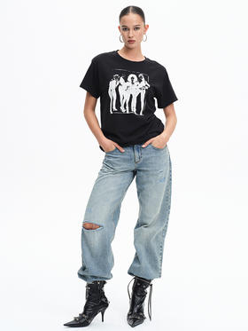 TR她热 女子乐队 黑色水洗印花复古休闲设计感百搭宽松圆领廓形T恤短袖