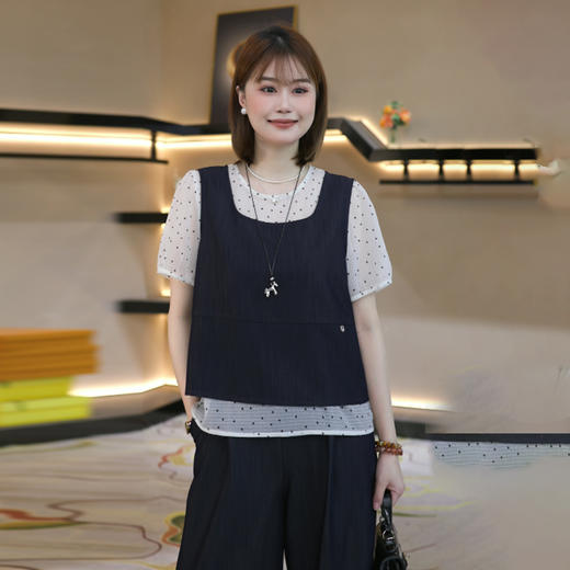 奢姿大码女装2026夏季减龄波点三件套胖妹妹半松紧时尚圆领套装9962954722 商品图1