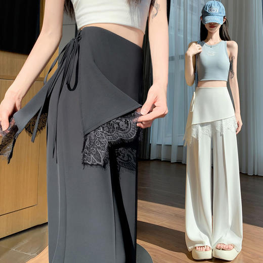 假两件蕾丝拼接屁帘阔腿裤女夏季高腰显瘦西装休闲直筒拖地裤   NDK-B2028 商品图0
