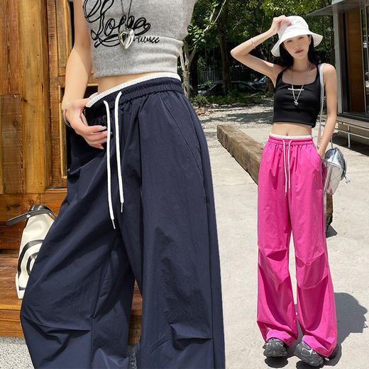薄款高腰显窄版阔腿裤女夏季新款拼色腰头刺绣时尚宽松休闲长裤   NDK-J6012 商品图1