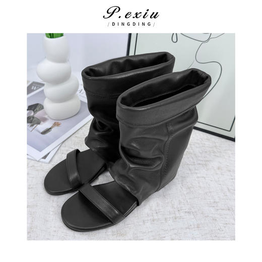 PanYiXiu/潘依绣高丝光牛反绒春夏露趾增高堆堆靴凉靴 TB25019 商品图1