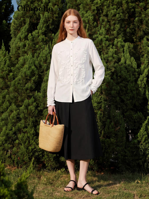 天猫同步【轻奢！法式花边】拉夏贝尔/La Chapelle法式立领轻奢排扣通勤长袖衬衫简约净版气质上衣 商品图3