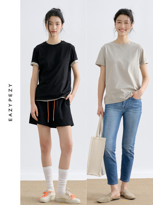 圆领长绒棉真丝亚麻翻折袖T恤 商品图0