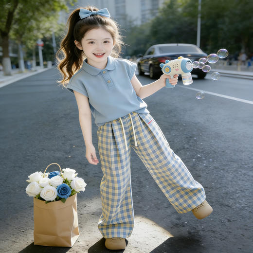 童洛萌女童夏季POLO衫套装新款儿童夏天薄款短袖格子长裤两件套爆款90-150 商品图1