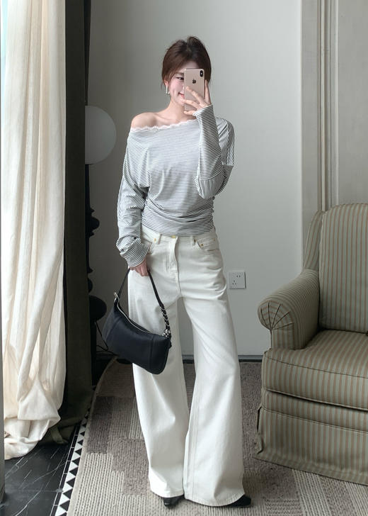 【门店同款】ENJOY春季斜肩蕾丝边条纹上衣 170494322 商品图1