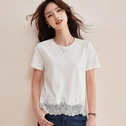 「自」全新升级【铂金会员119/天猫159/差价40】(01226)洛诗琳气质蕾丝拼接圆领T恤2026夏季新款通勤百搭圆领上衣 商品图1