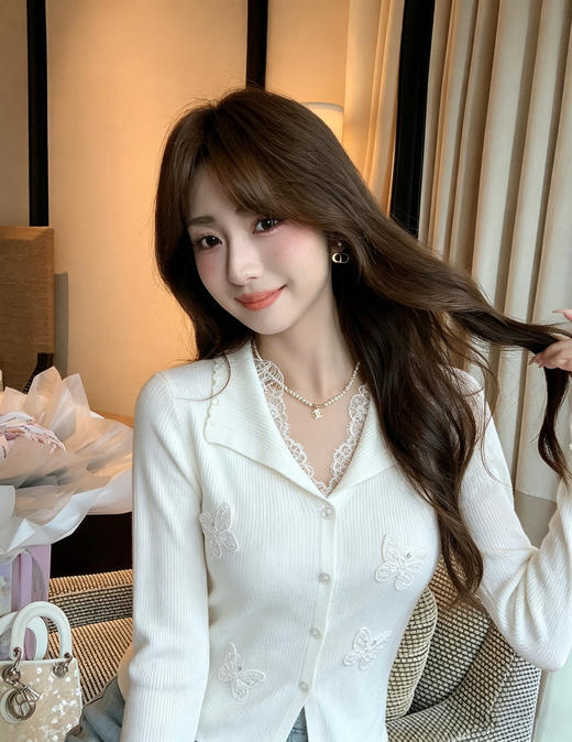 张心子【春日色调】独特漂亮蕾丝拼接花边针织衫木耳边开衫 U2604010 商品图11