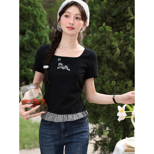 鹿向南【0417/20:00新品前1小时7折限量100件】修身显瘦黑色T恤女 商品图0