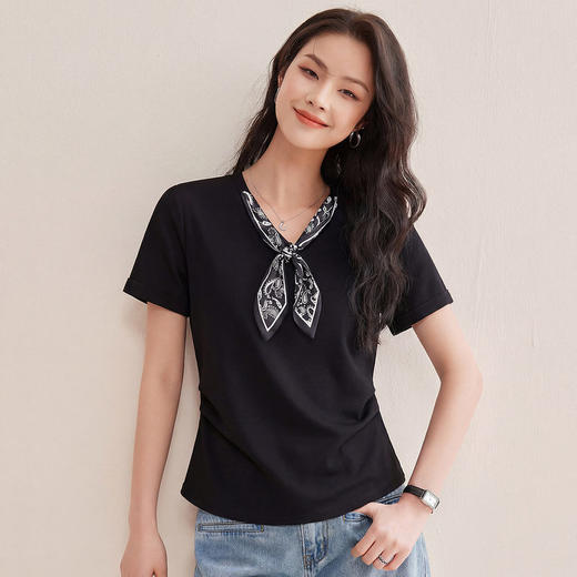 高级感藏青色丝巾短袖t恤女士夏季2026新款修身收腰上衣爆款体恤   BY-M845 商品图2