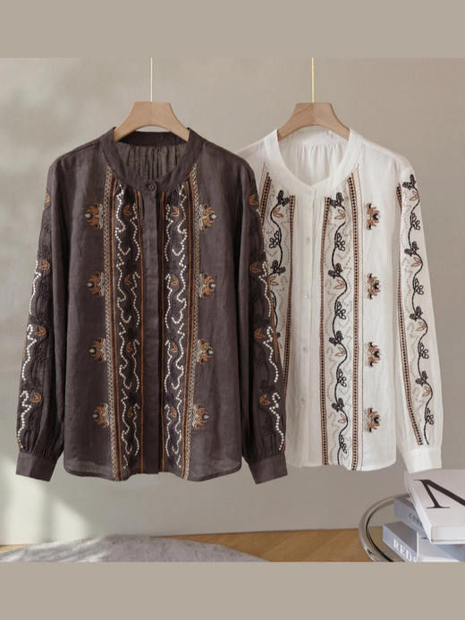 「自」全新升级【铂金会员330/天猫449/差价119】(05112)洛诗琳轻奢重工刺绣衬衫2026新款新中式国风圆领苎麻上衣 商品图3