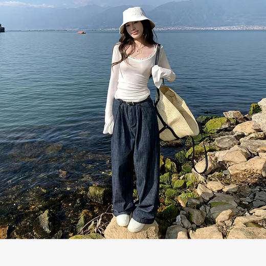 西遇薄款褶皱显瘦防褪色牛仔裤女2026春夏新款高腰宽松直筒阔腿裤SS060280 商品图1
