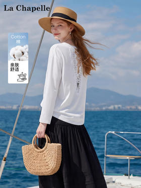 天猫同步【蕾丝背影杀！】拉夏贝尔/La Chapelle圆领后背蕾丝镂空长袖T恤设计感露背洋气防晒上衣