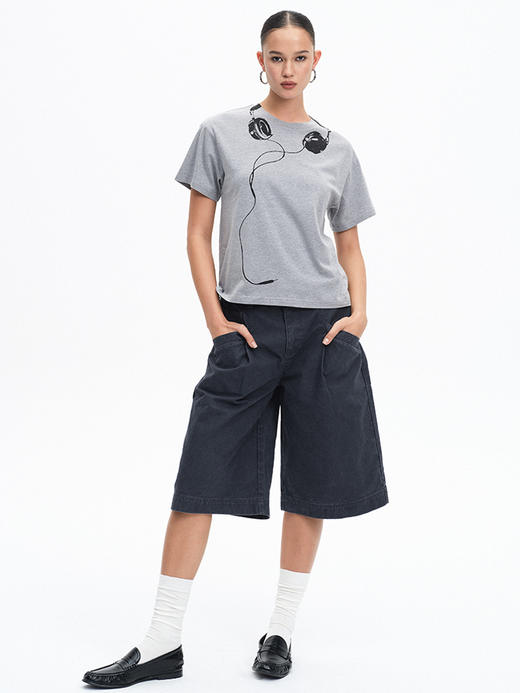 TR她热 复古蓝调 深蓝色水洗做旧全棉复古美式百搭工装休闲中裤短裤 商品图0