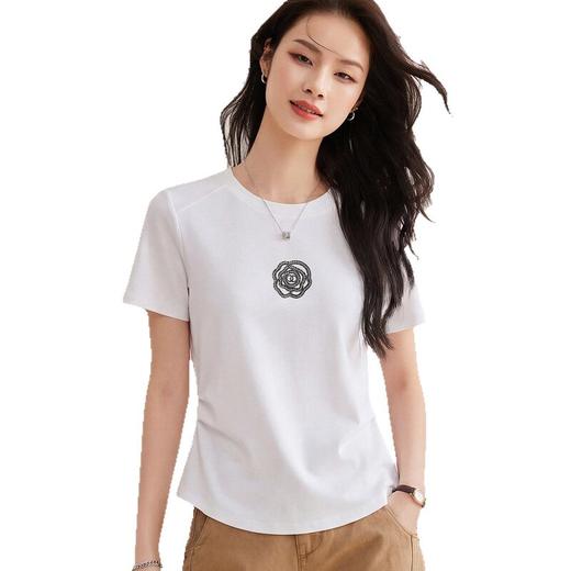 珠片山茶花T恤女短袖2026年夏季新款捏褶显瘦休闲圆领丝光棉上衣   BY-W26 商品图4