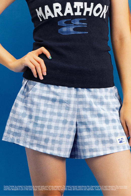CryingCenter 泡泡纱浅蓝手绘格纹宽松居家休闲短裤 哭喊中心 商品图4