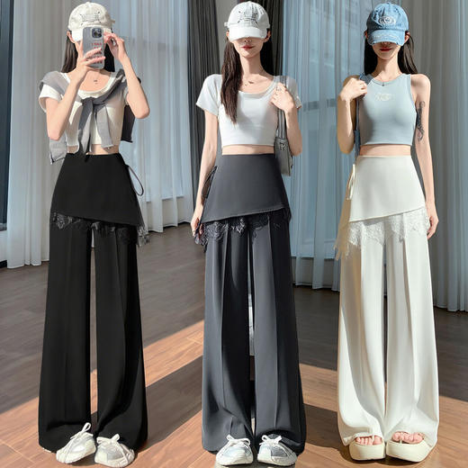 假两件蕾丝拼接屁帘阔腿裤女夏季高腰显瘦西装休闲直筒拖地裤   NDK-B2028 商品图1