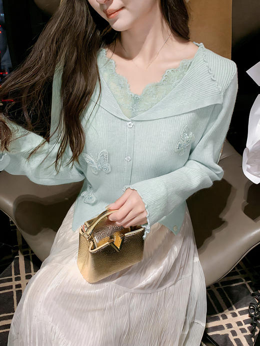 张心子【春日色调】独特漂亮蕾丝拼接花边针织衫木耳边开衫 U2604010 商品图4