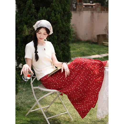 鹿向南【0417/20:00新品前1小时7折限量100件】碎花红色半身裙女 商品图4