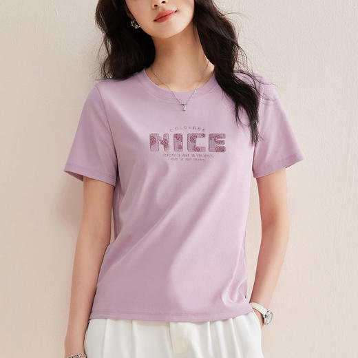 2026夏丝光棉新款字母亮片刺绣短袖t恤女显白玫瑰紫上衣修身速干   BY-W51 商品图1