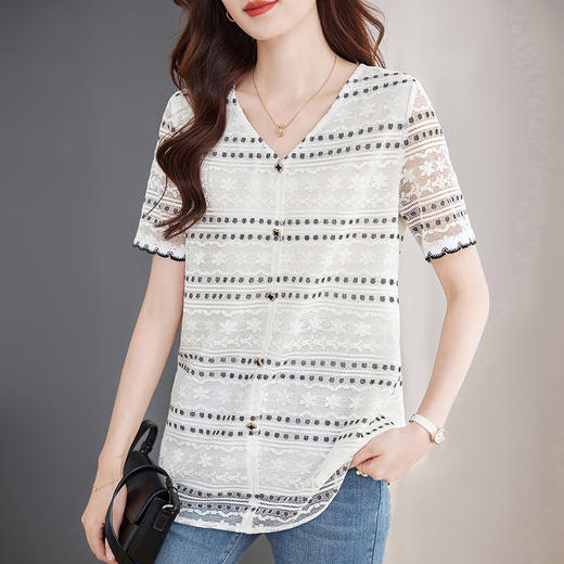 白色短袖蕾丝衫大码女装新款中长款t恤宽松女士上衣洋气夏季薄款 商品图2