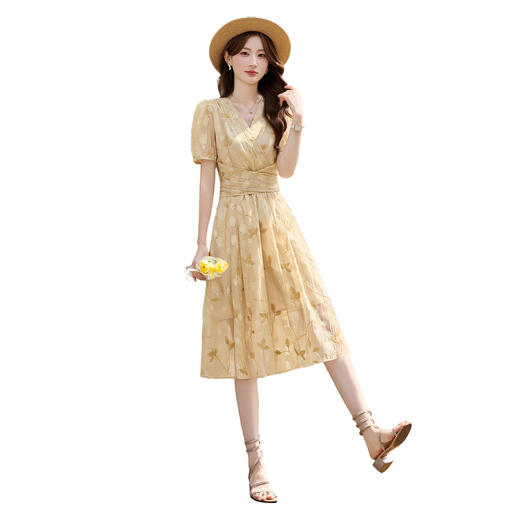 「自」全新升级【铂金会员257/天猫339/差价82】(15103)洛诗琳气质立体刺绣提花连衣裙女2026夏季新款V领收腰茶歇裙 商品图4