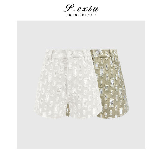PanYiXiu/潘依绣100%棉小众设计感百搭重工蕾丝拼接毛边牛仔短裤 D67086 商品图0