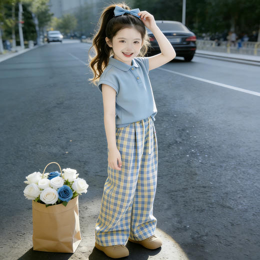 童洛萌女童夏季POLO衫套装新款儿童夏天薄款短袖格子长裤两件套爆款90-150 商品图2