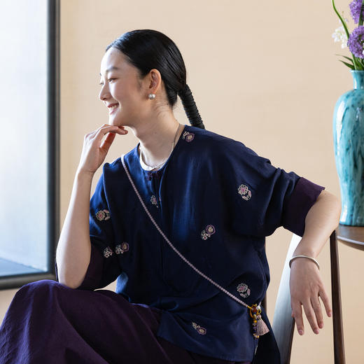 牧衣游原创 匹绣罗莨染外套新款宽松古朴禅意重磅香云纱开衫 花町 商品图0