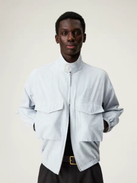 SUPERTOFU(SPTF)/CMKS-SS26-J298/泡泡纱肌理感 立领双口袋 绿色条纹 拉链衬衫外套