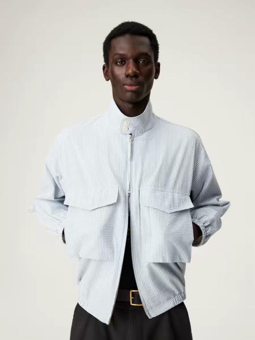 SUPERTOFU(SPTF)/CMKS-SS26-J298/泡泡纱肌理感 立领双口袋 绿色条纹 拉链衬衫外套 商品图0