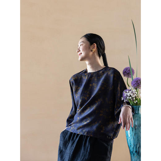 牧衣游原创 38姆米重磅印染香云纱小衫禅意复古宽松套头衫 玄琛 商品图3