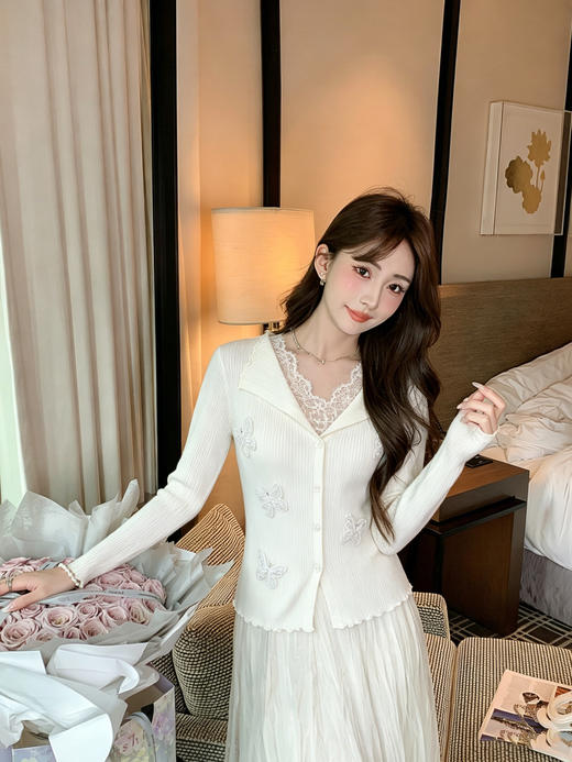 张心子【春日色调】独特漂亮蕾丝拼接花边针织衫木耳边开衫 U2604010 商品图1