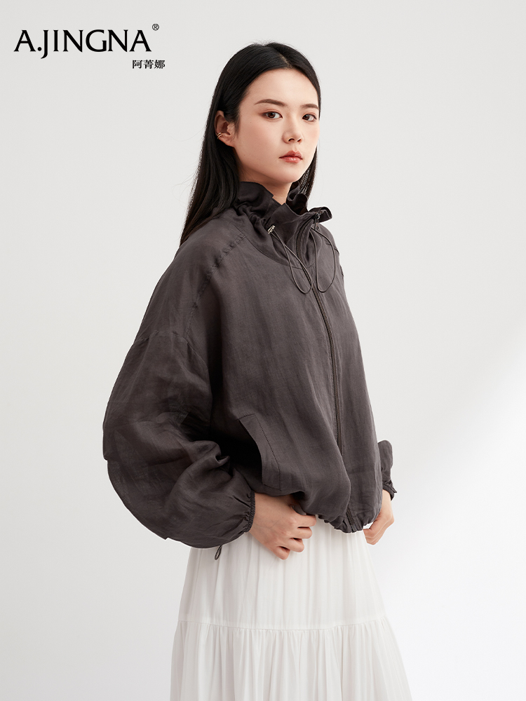 【100%苎麻】阿菁娜春夏新款刚需苎麻防晒衣立领抽绳防风轻薄松弛的户外夹克F31X207001