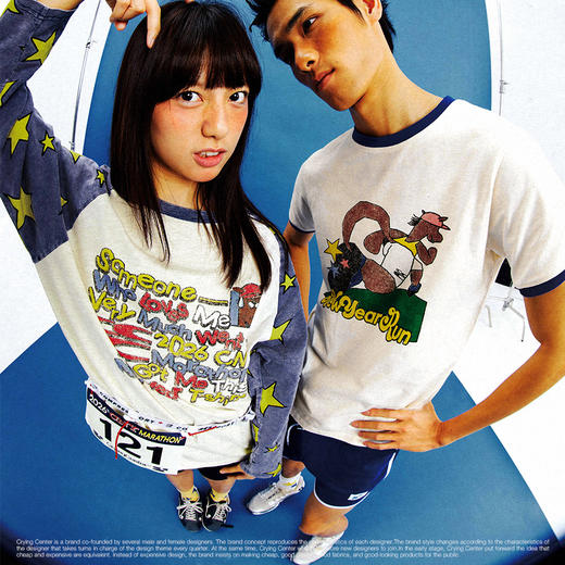 CryingCenter 马年马拉松趣味星星印花拼色宽松插肩袖 哭喊中心 商品图1