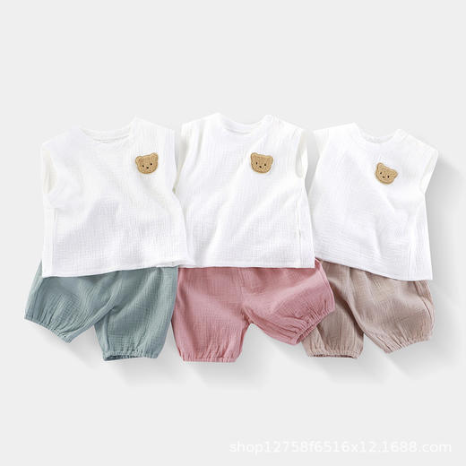 【安全无异味！耐洗不变形】儿童夏季套装韩版宽松新款舒适透气棉纱拼色背心短裤外穿两件套。xb 商品图0