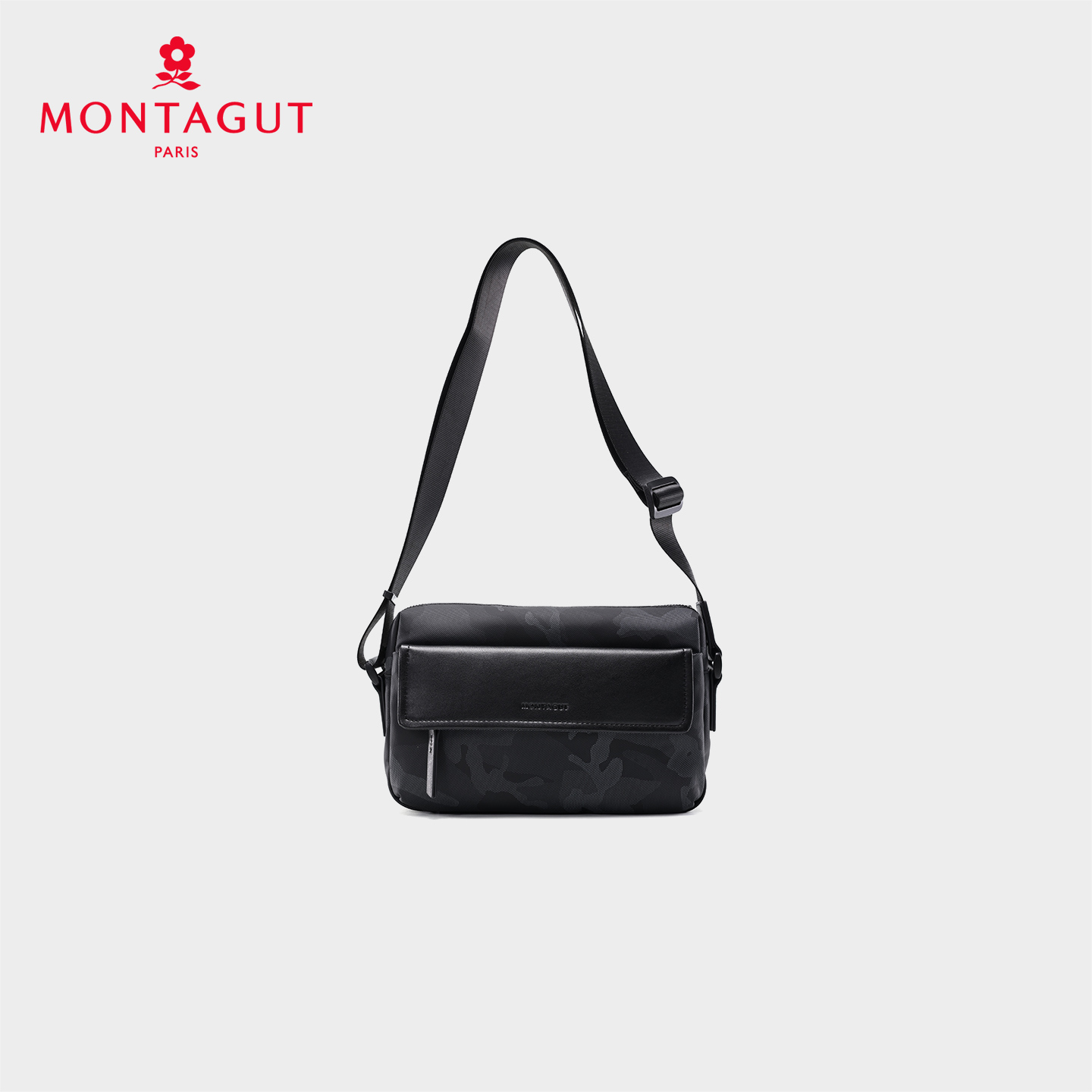 梦特娇中性时尚迷彩布拼皮单肩包防泼水斜挎包大容量书包百搭邮差包