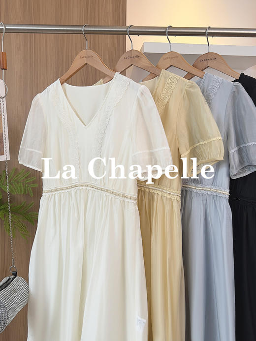 专柜实拍【夏日茶歇裙】拉夏贝尔/La Chapelle蕾丝V领拼接钉珠短袖连衣裙法式气质短袖中长裙 商品图3