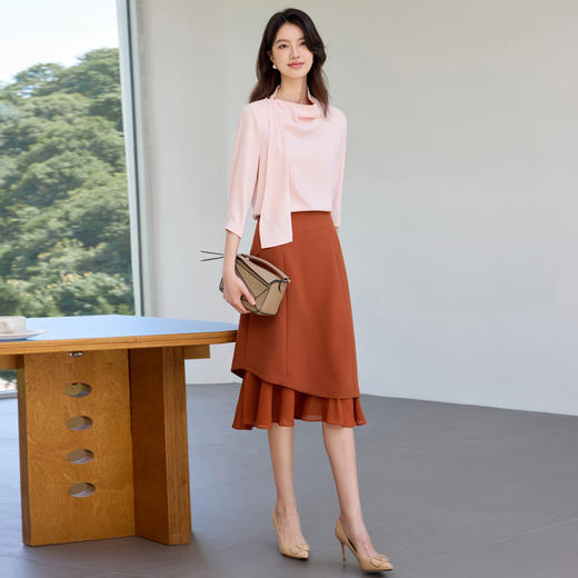 IWY/桃雾星澜粉色温柔风通勤飘带七分袖衬衫半裙套装女25B749+25S777 商品图7