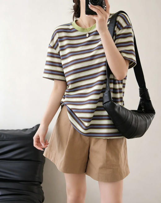 【显白牛油果条纹T恤】牛油果绿+蓝棕立体撞色条纹 面料轻薄透气 长袖or短袖 商品图2