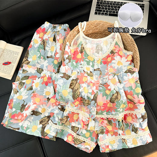 【GZ】无忧购云朵棉睡衣女夏季带胸垫吊带短裤长裤三件套家居服套装9933#9934#（截单后3-5天发货） 商品图10