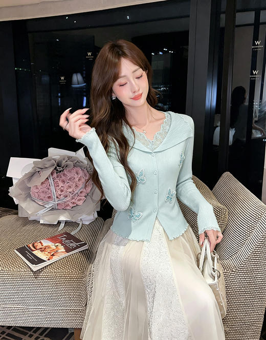 张心子【春日色调】独特漂亮蕾丝拼接花边针织衫木耳边开衫 U2604010 商品图13