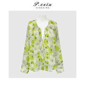 PanYiXiu/潘依绣【清风墨白】100%苎麻小众印花宽松透气V领长袖衬衫 M9347