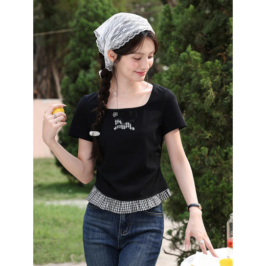 鹿向南【0417/20:00新品前1小时7折限量100件】修身显瘦黑色T恤女 商品图3