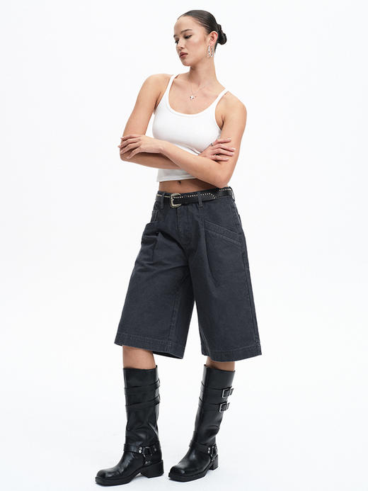 TR她热 复古蓝调 深蓝色水洗做旧全棉复古美式百搭工装休闲中裤短裤 商品图2