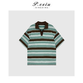 04-3潘依绣丁丁宠粉学院风撞色条纹POLO领短袖T恤 W-63173